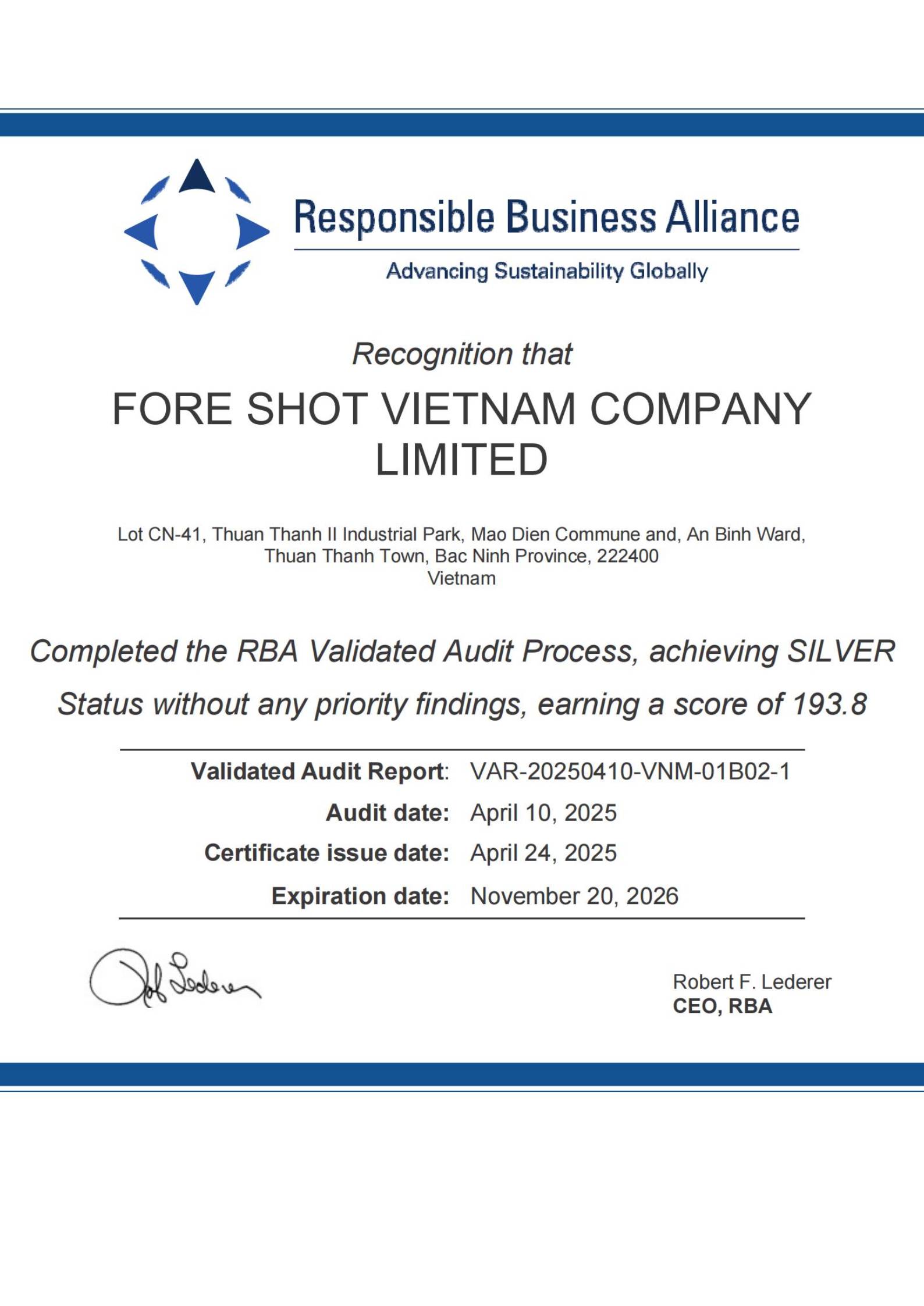 Foreshot Vietnam Earns RBA VAP Silver Certification